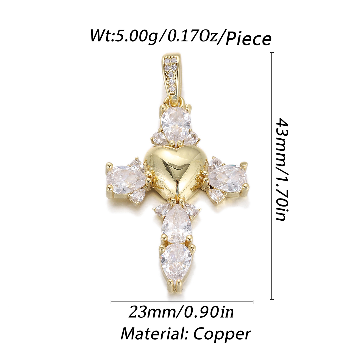 Crystal Heart Cross Pendant size and measurements