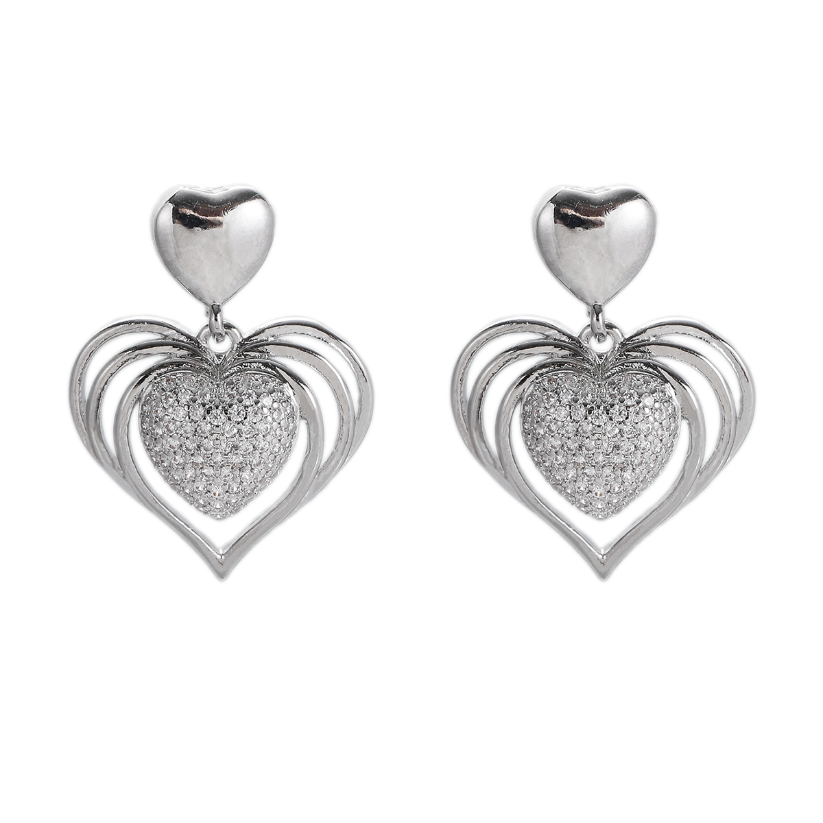 Silver-Tone Layered Heart Drop Earrings