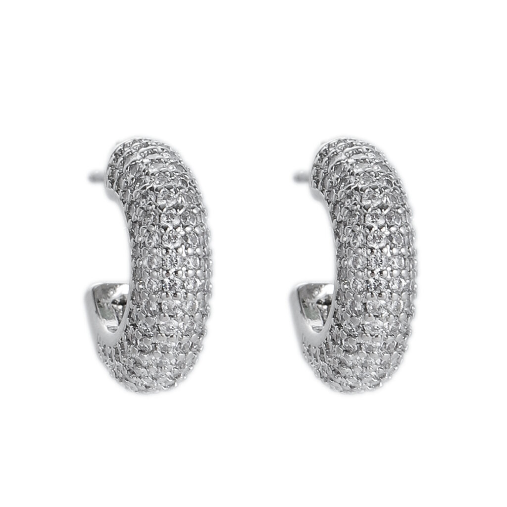 Silver-Tone Chunky Pavé Huggie Hoops